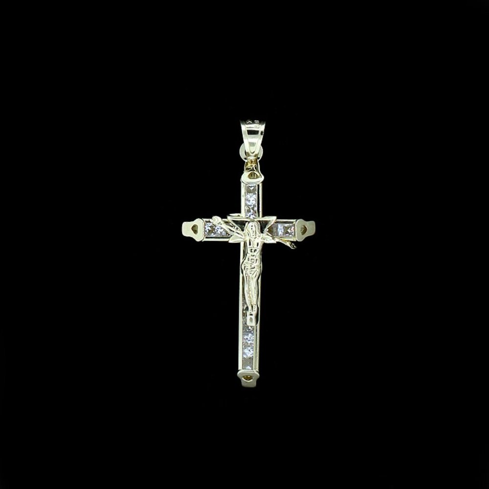 Real 10K Yellow Gold CZ Cross Pendant & 2mm Rope Chain Set - Picture 3 of 7